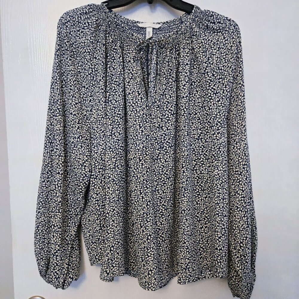 H&M blue floral‎ L/S peasant blouse tunic top Size L NWOT